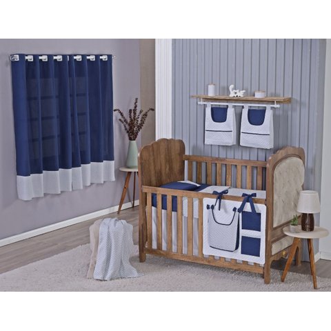 Enxoval de Bebe Kit de Berço Americano Cortina Algodão Menino Menina 8 Peças:chevron Marinho