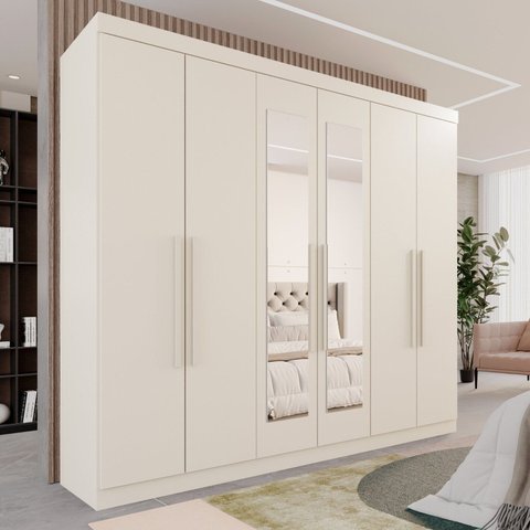 Guarda-Roupa Casal 6 Portas 3 Gavetas com Espelho Roma Espresso Móveis Branco/Off Arenas