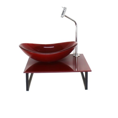 Kit Cuba de Vidro Oval 10mm Tampo 40cm Vermelho Cereja Full com Suporte Torneira Valvula