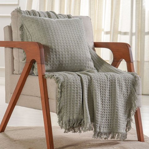 Manta Decorativa para Sofá Waffle 100% Algodão 120x150cm Verde Alfafa