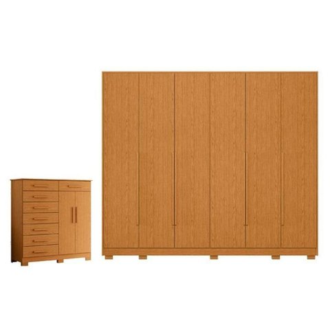 Kit Guarda Roupa Casal Mercure 6 Portas e Cômoda Verona 8 Gavetas MDP Cinamomo