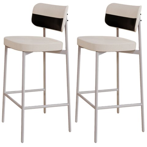 Kit 02 Banquetas Alta Bar Cozinha Sala de Jantar Aço Branco Kaira C01 Linho Palha Courino Preto - Ly
