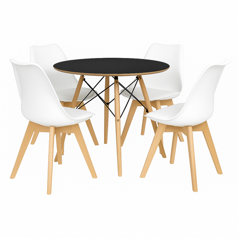 Mesa Eames Preta 90cm com 4 Cadeiras Saarinen Brancas para Sala de Jantar