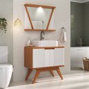 Ver imagem 1 de Conjunto para Banheiro Completo com Gabinete Madeira Maciça Cuba Sobrepor e Espelho com LED - Linha