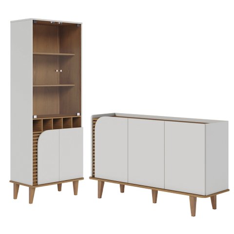 Balcão Buffet e Cristaleira com Adega Madrid C05 Off White Matte/freijó - Mpozenato