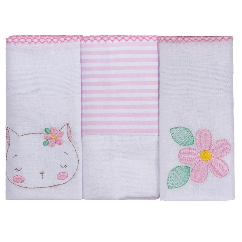 Fralda de Pano Luxo Bublim Encanto Liso C/bordado e Picueta 68cmx70cm Pct C/03un //gata Bailarina