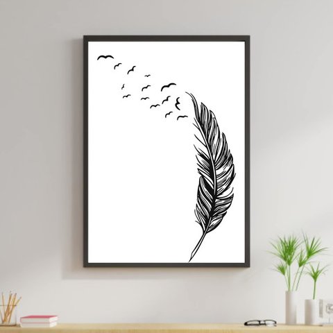 Quadro Pena Pássaros Voando 24x18cm - com vidro:Madeira preta