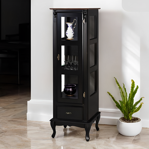 Cristaleira de Madeira 1 Porta com Vidro 1 Gaveta e Pés Luiz Xv - Preto Laca