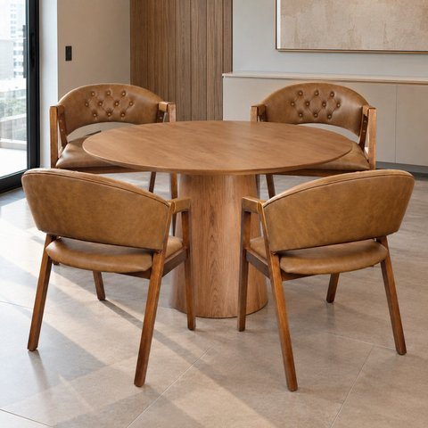 Conjunto Mesa Base em Cone Tampo Redondo & 4 Lithi Cadeiras Ergônomica em Durango & Linho