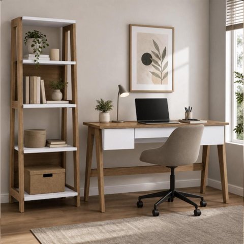 Mesa Escrivaninha 3 Gavetas e Estante 4 Prateleiras Soul A03 Hanover Off White - Lyam Decor