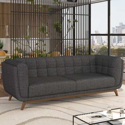 Sofá 02 Lugares para Sala de Estar Pés em Madeira 180cm Florian M03 Linho Chumbo - Lyam Decor