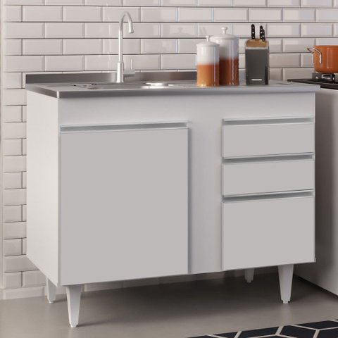 Balcão Gabinete Com Pia Inox 100cm 3 Portas 2 Gavetas Luziania Branco - Lumil Móveis