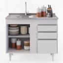 Ver imagem 3 de Balcão Gabinete Com Pia Inox 100cm 3 Portas 2 Gavetas Luziania Branco - Lumil Móveis