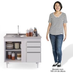 Balcão Gabinete Com Pia Inox 100cm 3 Portas 2 Gavetas Luziania Branco - Lumil Móveis - 6