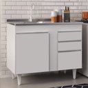 Ver imagem 2 de Balcão Gabinete Com Pia Inox 100cm 3 Portas 2 Gavetas Luziania Branco - Lumil Móveis