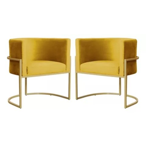 Kit 2 Poltronas Decorativas Base Metal para Sala Jantar Estar Recepção Clínica Consultório Mostarda