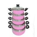 Ver imagem 1 de Jogo de 5 Panelas Rosa Alumínio Grosso com Tampa de Vidro