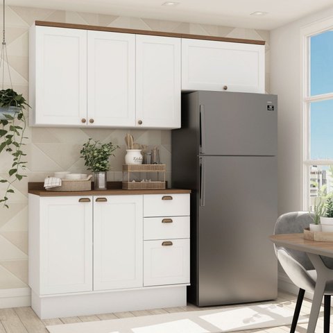 Cozinha Completa Modulada Aéreo 4 Portas Balcão 2 Portas 3 Gavetas com Tampo e Rodapé Luminata Branc
