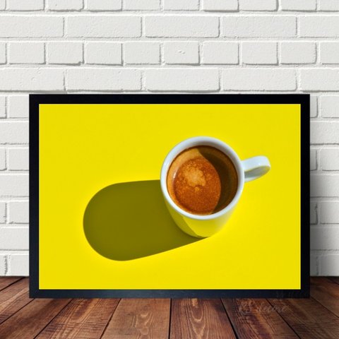 Quadro Para Cozinha Amarelo Café 24x18cm - com vidro:Madeira branca