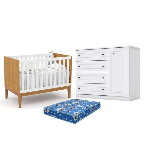 Berço Americano Unique Freijó Branco Soft  Eco Wood - Matic e Cômoda Infantil Americano Branco HP e 