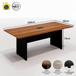 Mesa de Reunião Corporativa 200cm X 90cm C/ Caixa de Tomada Cor:nogal com Preto - 3