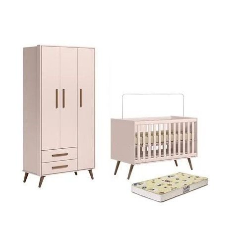 Quarto de Bebê Guarda Roupa e Berço Mini Cama com Colchão Q Encanto Retrô Rosa Qmovi