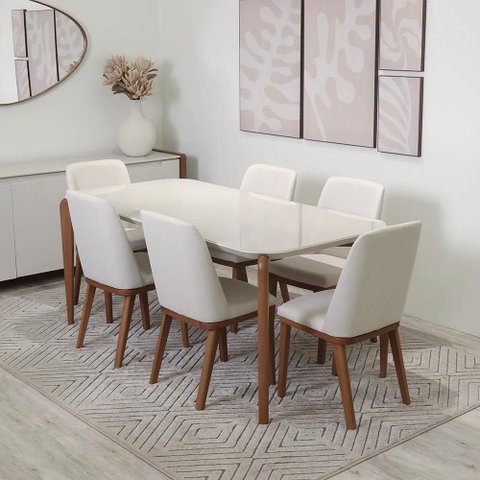 Conjunto de Jantar Mesa Retangular com Vidro Donatella 6 Cadeiras Kalina - Natural C/ Off White