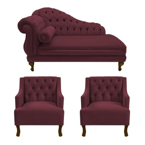 Divã Larissa 150 cm e 2 Poltronas Genesis Suede Vermelho Bordo - LM DECOR