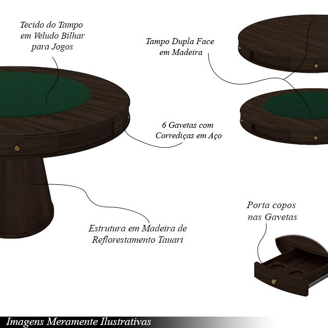 Conjunto Mesa de Jogos Carteado Bellagio Tampo Reversível e 6 Cadeiras Madeira Poker Base Cone Velud - 4