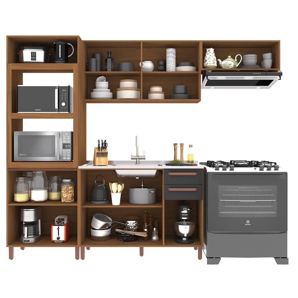 Cozinha Modulada Monza 4 Peças com Torre Quente 2 Fornos Freijó