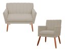 Ver imagem 1 de Kit Namoradeira + 1 Poltrona Decorativa Cecília Suede Bege Pés Madeira Ms Decor
