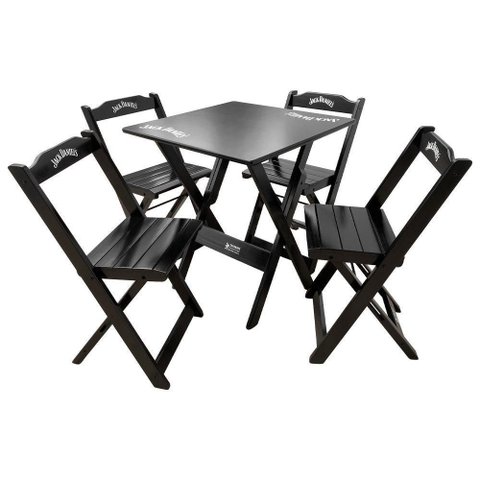 Conjunto Mesa Dobrável 60x60 com 4 Cadeiras de Madeira Personalizada Jack Preta - Tarimatã