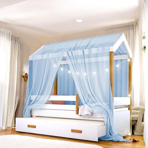 Bicama Solteiro Montessoriana Casinha Infantil com Cama Auxiliar MDF Azul Casah