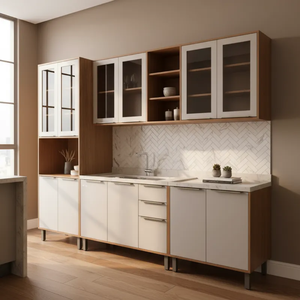 Cozinha Completa Brilhante Torre Cristaleira 5 Peças 270cm 100% Mdf Vidro Reflecta Cinamomo Off