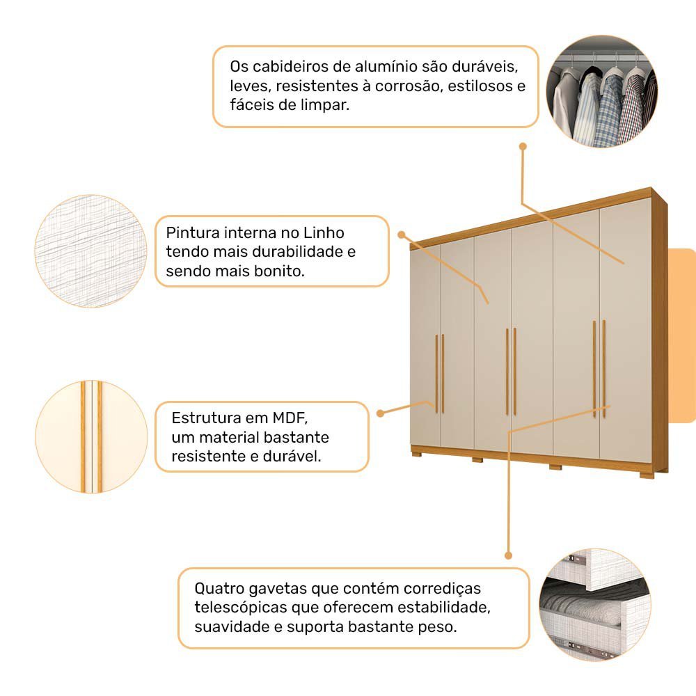 Guarda Roupa Casal 6 Portas 4 Gavetas Núbia Nature/Off White 100% MDF - 3