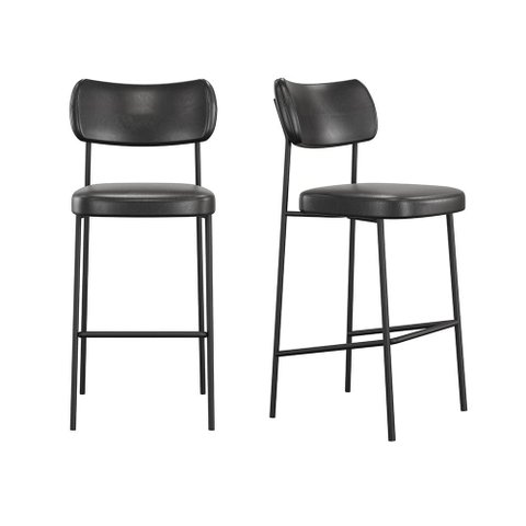 Conjunto 2 Banquetas Alta Stela Couríssimo Preto Base Metálica Preta - Vallisa Decor