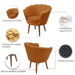 Poltrona Sala Decorativa Pétala Veludo Terracota Pés Palito Castanho - 6