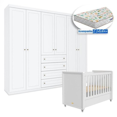 Berço Tutto New com Guarda Roupa Americano 6 Portas Branco Fosco e Colchão Gazin - Matic
