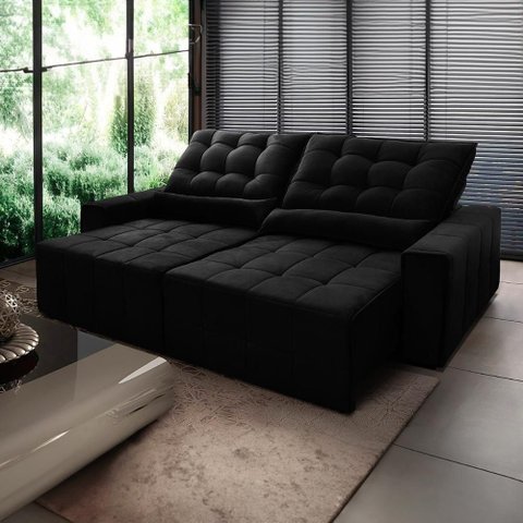 Sofá Retrátil Reclinável Alaska 2,50m Suede Velut Preto Molas no Assento - King House