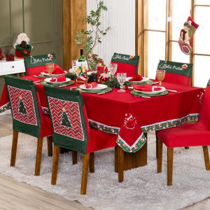 Toalha de Mesa Retangular Avulsa Bordada Natalina Boneco de Neve Vermelho 2,50m X 1,50m para 08 Luga
