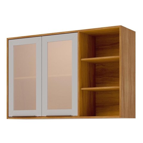 Armário Aéreo Brilhante 120cm 2 Portas Cinamomo/off White com Vidro Reflecta e Nichos - Mgm
