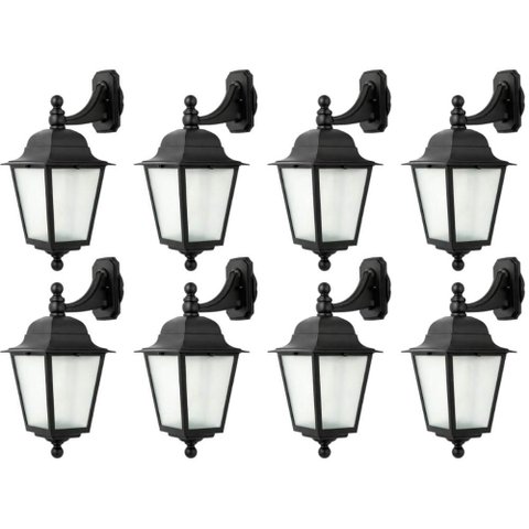 Kit 8 Arandelas Luminárias Parede Coloniais E27 Preto Lente Fosca 28x52cm Soberana Dital