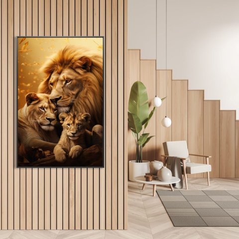 Quadro Decorativo Família Leão Leoa e Filhote Sala Quarto Casa Escritório