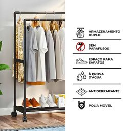 Arara Cabideiro Dupla Organizador de Roupas Compacto Preto - 7