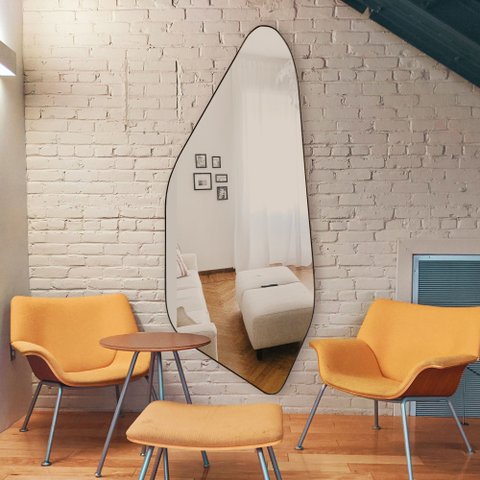 Espelho Corpo Inteiro Grande Geométrico Moldura em Couro 3cm 170x70cm - Mod. Rocco Caramelo