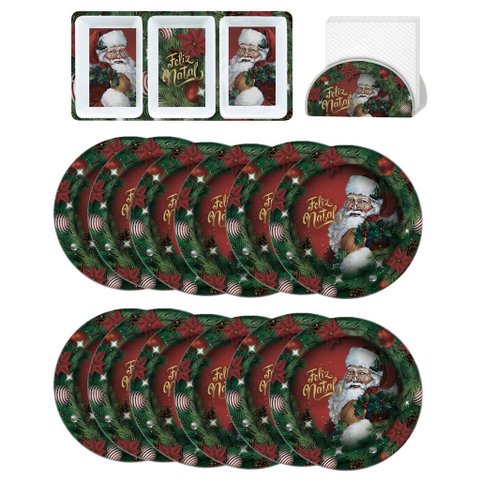 Kit Mesa Posta de Natal 14 Peças Melamina Prato Sobremesa, Petisqueira e Porta Guardanapo - Magizi