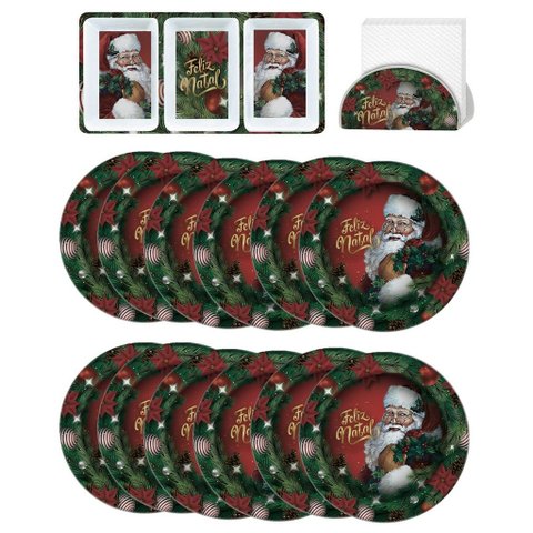 Kit Mesa Posta de Natal 14 Peças Melamina Prato Sobremesa, Petisqueira e Porta Guardanapo - Magizi
