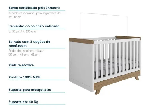 Berço Mini Cama Retrô Móveis Peroba Branco Brilho/Carvalho - 6