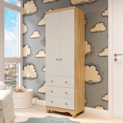 Guarda-Roupa Infantil 2 Portas e 3 Gavetas 100% MDF Smim Espresso Móveis Bege/Off White/Amêndoa