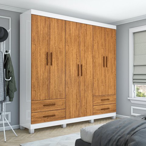 Guarda-Roupa 6 Portas 4 Gavetas com Pés Genova Marrom/Branco/Cinamomo